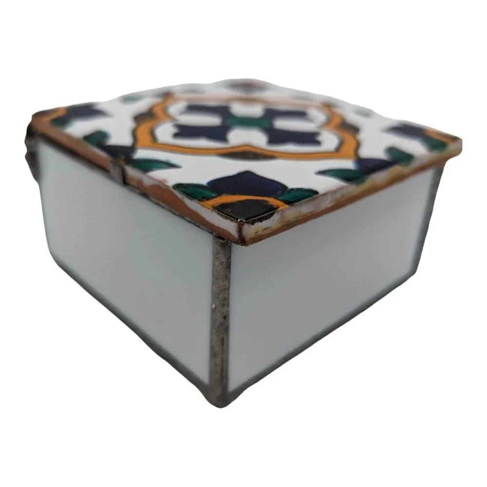 Mexican Tile Lid Trinket Box Stained glass sides Mirrored Inside Jewelry